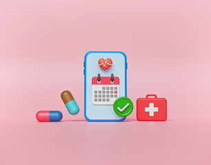 Medical app in a smartphone. Online doctor appointment. minimal concept. 3d rendering