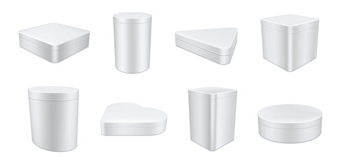 Realistic 3d tin boxes collection vector illustration. Set containers templates of different shapes
