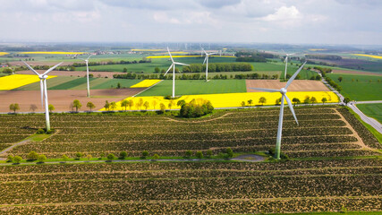 Wind turbine with blooming rape fields and meadows in summer
