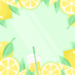 Fresh lemonade banner with yellow lemon, fruit slice and drops. Lemonade frame. Vector card illustration.