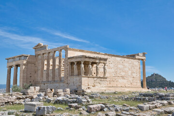 Athens acropolis . The Porch of the Caryatids in The Erechtheion an ancient Greek temple on the...