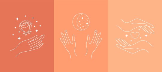 Boho mystic doodle set. Simple line magic logo icons with hands, moon, rose, stars. Bohemian posters, vector modern illustration
