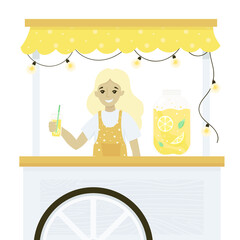 Lemonade stands flat style citrus bushes. Street drink truck. Refreshing drinks. Cartoon hand drawn booths of cooling beverage street vendors.
