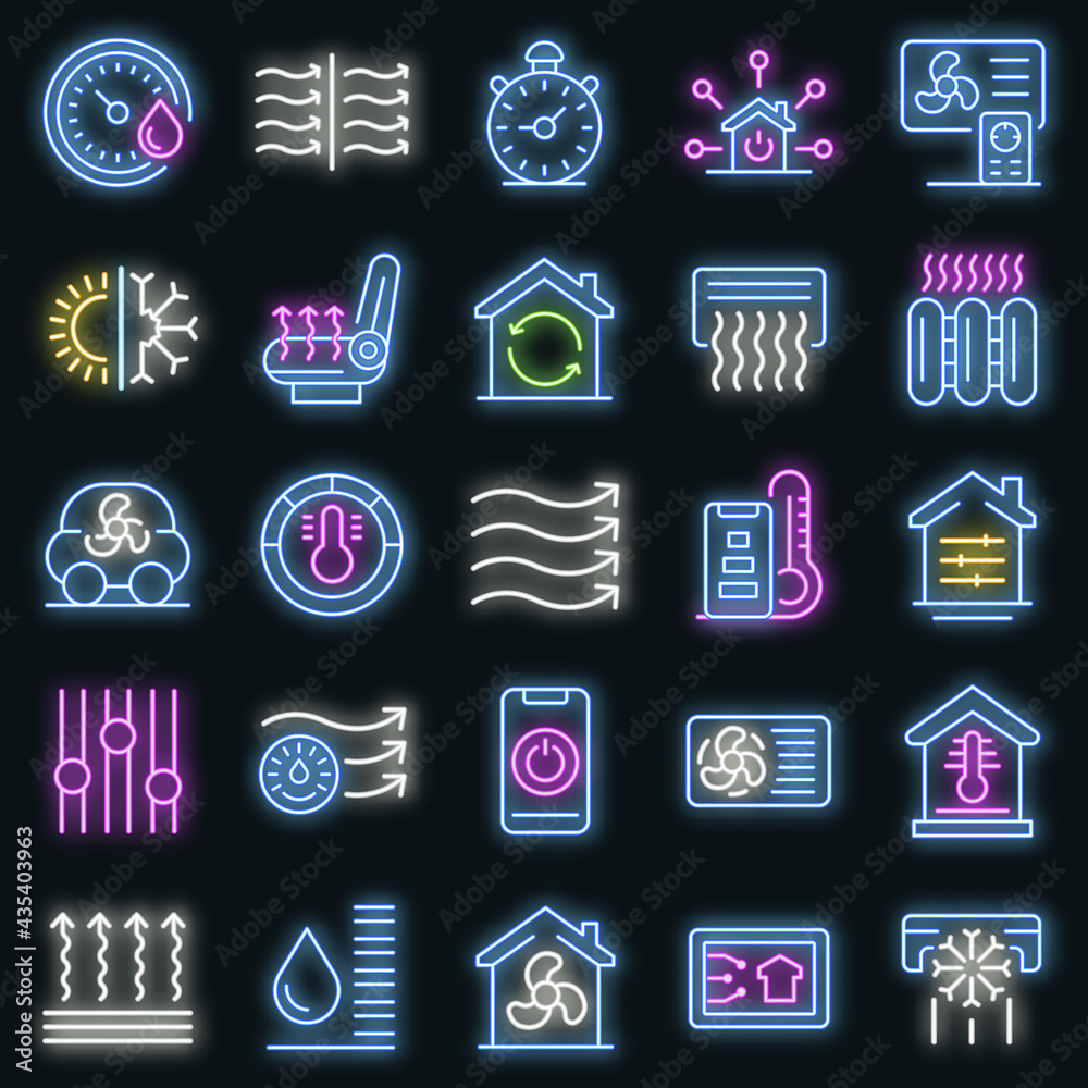 Wall mural Climate control systems icons set. Outline set of climate control systems vector icons neon color on black - Wall murals