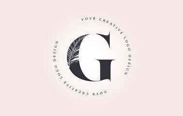 Exotic Letter G Logo with Palm Tree Leaf Pattern Texture Design Logo Icon. Creative Palm Tree Letter Logo.