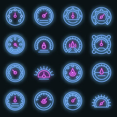 Barometer icons set. Outline set of barometer vector icons neon color on black