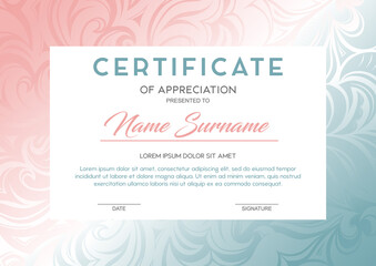 Certificate template with a frame with a stylized floral pattern and a gradient with a glow effect. Design of an ad, diploma, invitation, gift voucher, coupon. Vector