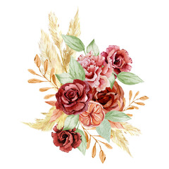 Watercolor boho red flowers bouquets. Pampas grass and burgundy rose, peonies. Rich floral, branches, leaves, foliage. Fall Autumn for wedding card, bridal card. - 435404570