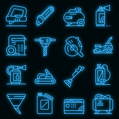 Gasoline tools icons set. Outline set of gasoline tools vector icons neon color on black