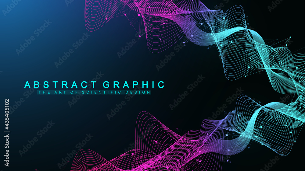 Poster Digits abstract background with connected line and dots, wave flow. Digital neural networks. Network and connection background for your presentation. Graphic polygonal background. Vector illustration