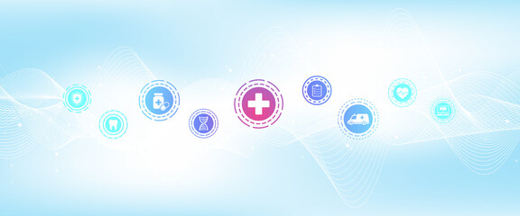 Abstract health care banner template with flat icons. Healthcare medicine concept. Medical innovation technology pharmacy banner. Vector illustration.
