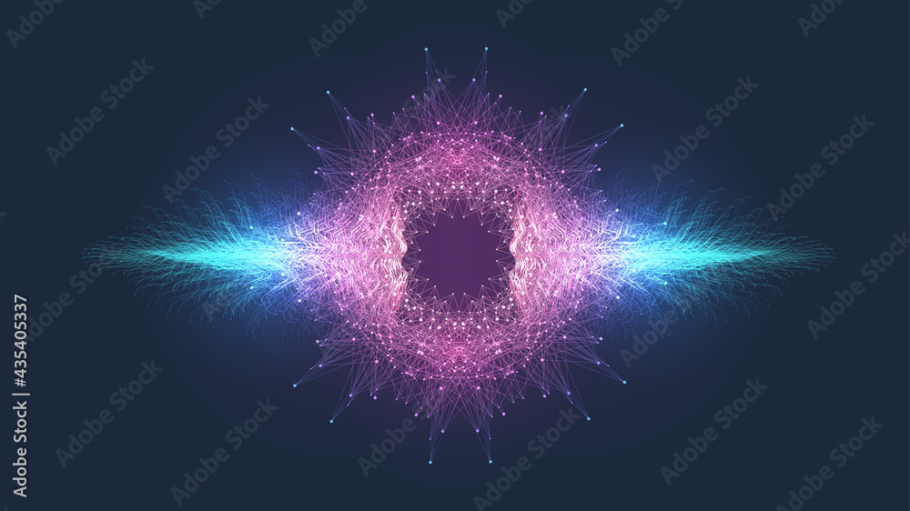 Poster gravitational fractal wave burst. physics, science and technology background design with gravity sph