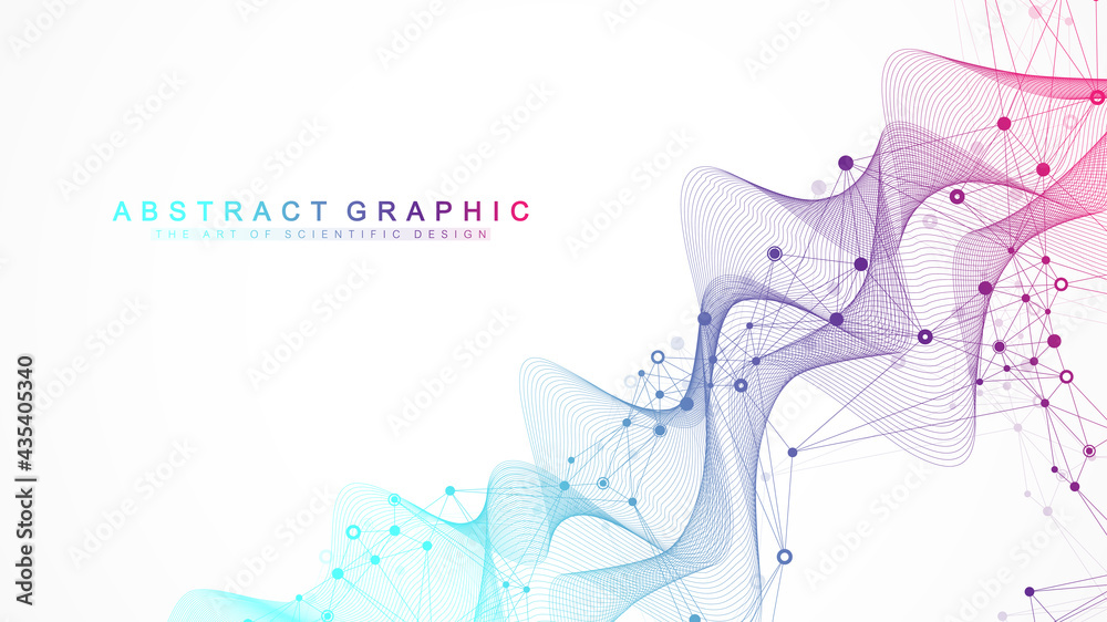 Poster Expansion of life. Colorful explosion background with connected line and dots, wave flow. Visualization Quantum technology. Abstract graphic background explosion, motion burst, vector illustration
