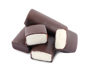 Delicious cut and whole glazed cheeses on white background