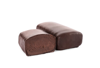 Delicious glazed cut and whole cheeses with cocoa on white background