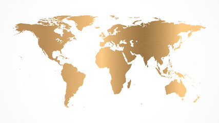 Golden world map vector illustration isolated on a white background.
