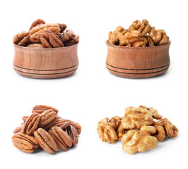 Set with different tasty nuts on white background