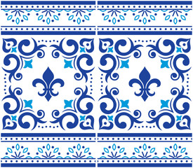 Azulejo tiles seamless vector pattern - Lisbon luxury style, ornamental design with border or frame inspired by art from Portugal with fluer de lis and swirls
 - obrazy, fototapety, plakaty