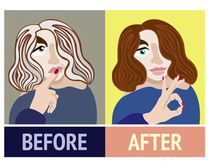Vector illustration of a woman with grey hair before coloring and bright hair after.