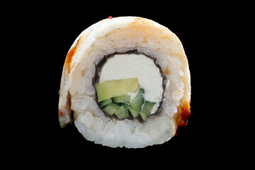 one sushi roll close up on black background