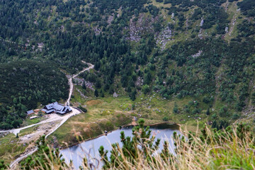 mountain shelter near pond