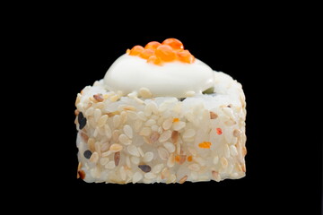 one sushi roll close up on black background