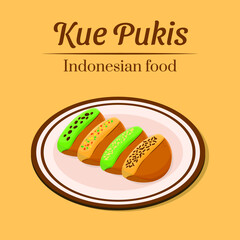 Hand drawn delicious pukis cake traditional indonesian food snack made from wheat flour and coconut milk with various kinds of toppings vector design
