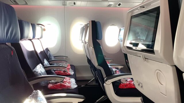Empty airplane seats during outbreak. Plane seat