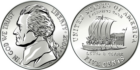 American money, USA five-cent coin with US third President Thomas Jefferson on obverse and keelboat of Lewis and Clark Expedition on reverse