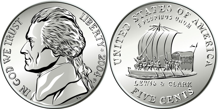 American money, USA five-cent coin with US third President Thomas Jefferson on obverse and keelboat of Lewis and Clark Expedition on reverse