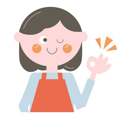 エプロンの女性・上半身の線なしイラスト）OK・了解・ウインク