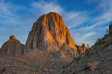 Spring landscape at sunrise of the Superstition Mountains, Apache Trail, Tonto National Forest, Arizona, USA