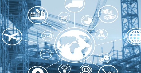 Obraz premium Composition of network of globe and digital icons over construction site