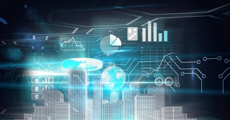 Obraz premium Composition of statistics processing over 3d cityscape on glowing background