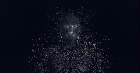 Composition of human bust formed with binary coding exploding on black background