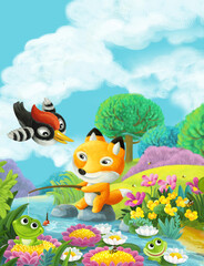 Obraz na płótnie Canvas cartoon scene forest animals friends fishing illustration