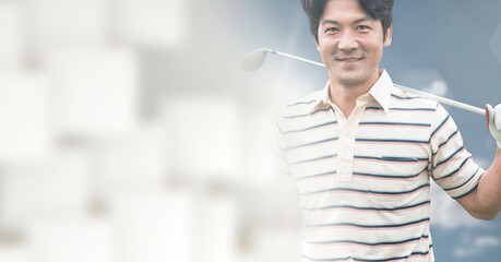 Composition of smiling asian male golf player on golf course with white blur