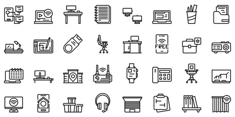 Smart office space icons set. Outline set of smart office space vector icons for web design isolated on white background