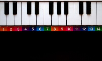 Piano keyboard from a children's toy with colorful bright numbers
