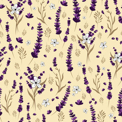 A seamless repeat pattern, designed with hand drawn purple lavenders, white flowers and some leaves. Vector illustration perfect for wallpaper, fabric, backgrounds, packaging projects and more.