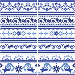 Lisbon style Azulejo tile seamless vector border or fram pattern collection, retro navy blue design set inspired by art from Portugal with floral and geometric motif

