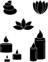 set of 5 illustrations for spa-candles, lotuses, stones. It can be used to advertise yoga, beauty salons, massage.