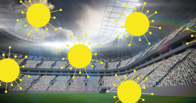 Animation of covid 19 cells over sports stadium