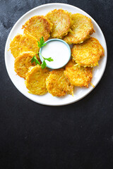 potato pancakes vegetables dish draniki fried potato cutlets fresh portion organic, wholesome dish on the table healthy food meal snack copy space food background rustic. top view