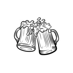 Vector Beer illustration isolated on white background, vintage style, black lines, engraved image, two beer mugs.

