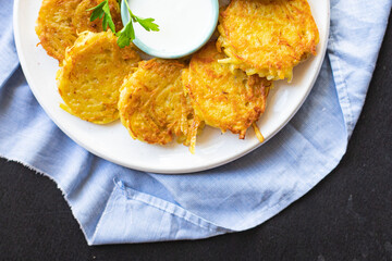 potato pancakes vegetables dish draniki fried potato cutlets fresh portion organic, wholesome dish on the table healthy food meal snack copy space food background rustic. top view