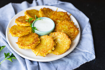 potato pancakes vegetables dish draniki fried potato cutlets fresh portion organic, wholesome dish on the table healthy food meal snack copy space food background rustic. top view