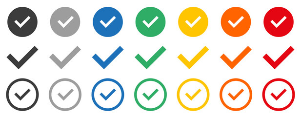 Colorful check mark icons, check mark. Set of vector symbols with checkmark icon, buttons.