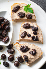 dried olives sandwich pate vegetables appetizer fresh portion organic, wholesome dish on the table healthy food meal snack copy space food background rustic. top view