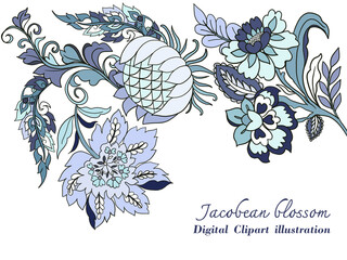 Digital clipart illustration Botanical leaves collection Set Jacobean Baroque blue flower garden and abstract leaves template border frame
